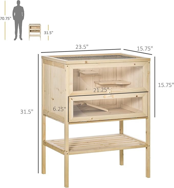 PawHut 3-Tier Wooden Hamster Cage Mice and Rat Cage Small Animals Hutch with Openable Top, Front Door, Storage Shelf, Natural Wood