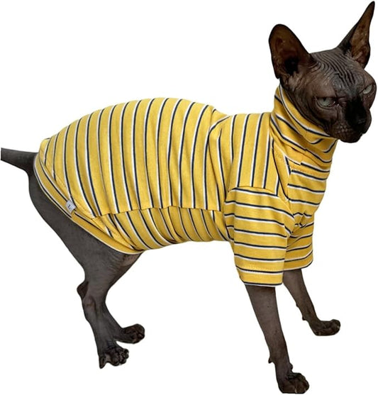 Vintage Stripes Sphynx Hairless Cats Shirt Cotton Cat Turtleneck Pet Clothes Kitten T-Shirts with Sleeves for Sphynx Cornish Rex, Devon Rex, Peterbald (Yellow Stripe, Large (Pack of 1))