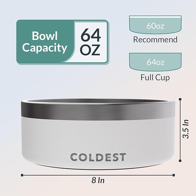 Coldest Dog Bowl - Anti Rust Metal, Non Slip, 3 Layers Insulated Stainless Steel Dog Bowls - Spill Proof & Heavy Duty - Water Bowl for Dogs, Cats & Pets, Dish Washer Safe (64 oz, Epic White)