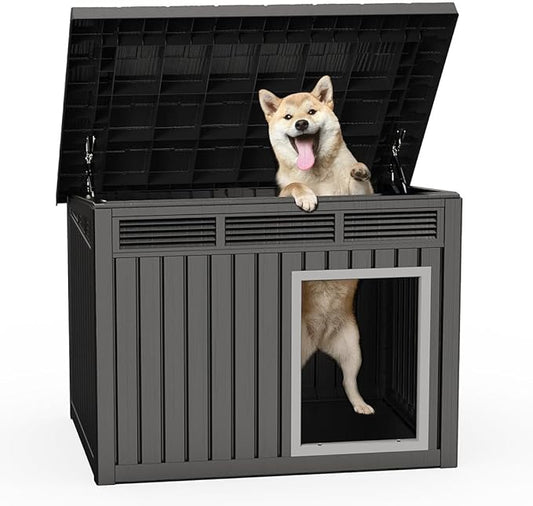 ROJIK Large Dog House Outdoor Indoor Weatherproof with Removable Roof Raised Base Plate,Pet House Weatherproof for Small to X-Large Dogs,Easy to Clean and Lightweight(42.87 * 32.95 * 31.61inch,Black)