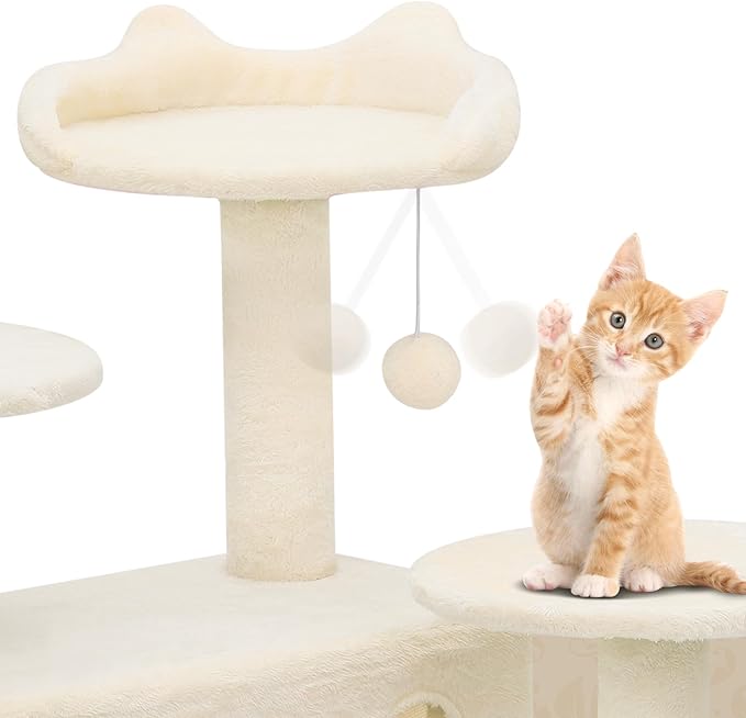 Athena Collection Modern Cat Tree Tower, 77 Inch Tall Cat Tree Climbing Tower with Scratching Post 2 Condo Multi-Level Activity Center and Playing Ball for Indoor Large Adult, Beige