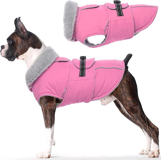 Lelepet Warm Dog Coat Reflective Fleece Vest Waterproof Dog Jacket with Adjustable Buckle Hook & Loop Windproof Cold Weather Coats for Small Medium Large Dogs, Pink, L