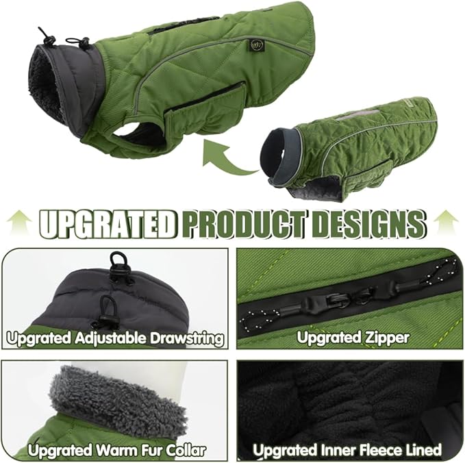 EMUST Winter Coat for Large Dogs, Windproof Dog Jacket for Cold Weather, Extra Warm Pet Winter Clothes for Small Medium Large Dogs, Green, XXL