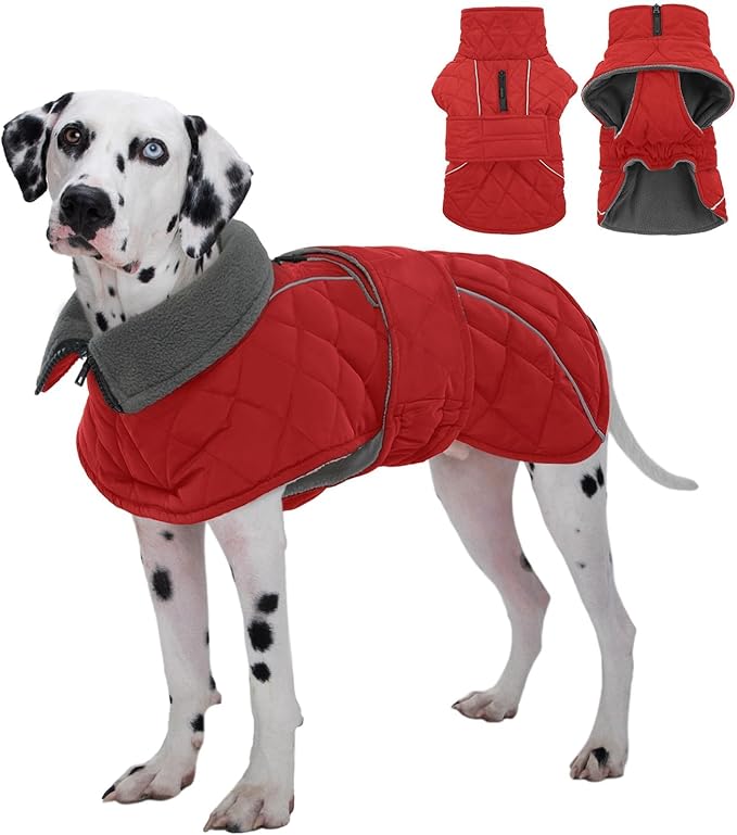 Kuoser Super-Warm Dog Coat Windproof Cold Weather Coats for Extra Large Dogs, Fleece Lining Turtleneck Dog Jacket Reflective Adjustable Pet Winter Snowsuit, Red 3XL