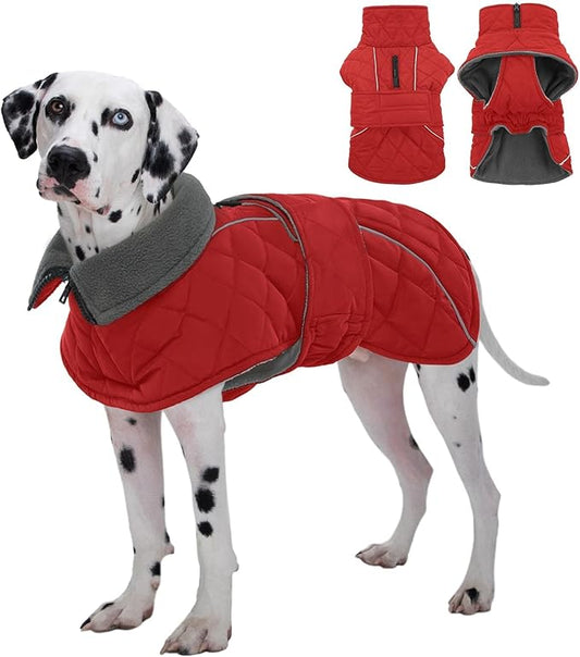 Kuoser Super-Warm Dog Coat Windproof Cold Weather Coats for Extra Large Dogs, Fleece Lining Turtleneck Dog Jacket Reflective Adjustable Pet Winter Snowsuit, Red 3XL