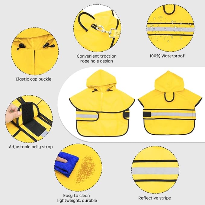 Candofly Dog Raincoat Hooded Poncho - Adjustable Waterproof Dog Rain Jacket Lightweight Reflective Dog Rain Coat Pet Slicker for Large Dogs (X-Large, Yellow)