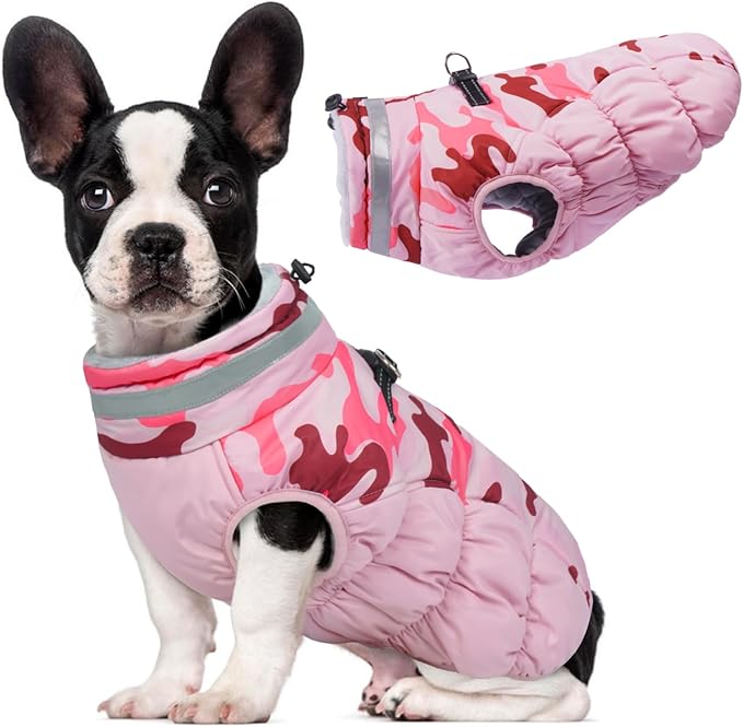 Lelepet Dog Coat Warm Dog Winter Coat Waterproof Dogs Jacket with Harness Built in Reflective Pet Fleece Vest Zip-Up Cold Weather Coats for Small Dogs Turtleneck & Windproof Coats Yorkie Pink Camo S