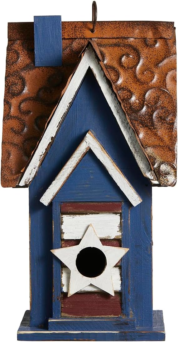 Glitzhome 12.25" H Patriotic Solid Wood Hanging Birdhouse for Outside, Decorative Pet Cottage Villa Distressed Wooden Bird House with 3D Star for Garden Patio Backyard
