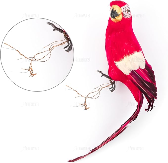 AUEAR, 17.7 Inch Red Lifelike Artificial Birds Feathered Fake Shoulder Parrot Decor Model for Decoration Craft Decorative Prop