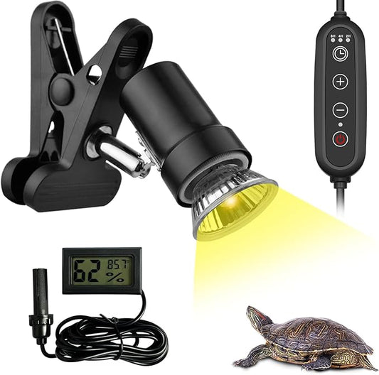 DOMICA Dimmable Reptile Heat Lamp with Timer + 50W UVA UVB Light Bulb, Basking Spot Light Simulated Sunlight, Heating Lamp for Turtle, Lizard, Snake, Beared Dragon, Amphibians