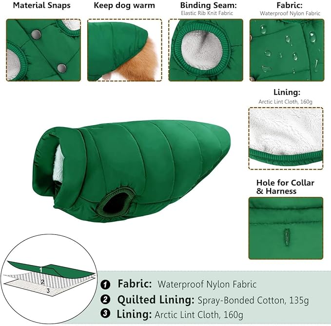 ASENKU Dog Winter Coat - Waterproof Windproof Dog Jacket, Warm Snowproof Doggie Puffer Vest for Cold Weather, Lightweight Snow Coats for Small Medium Large Dogs (2XL, Green)