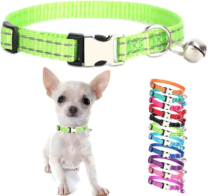 Green Puppy Collar with Bell, Reflective Nylon XS Cat Collars Soft Adjustable Buckle for XXS XSmall Small Puppy Female Tiny Pets Dogs Boy Girl Kitten Yorkie X-Small