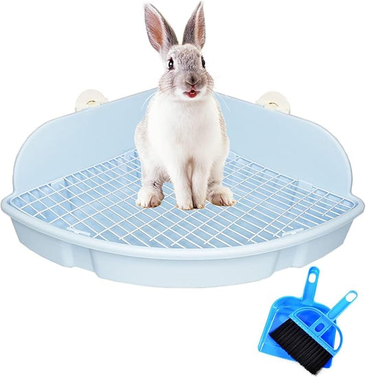 PINVNBY Extra Large Corner Litter Box for Rabbits, Guinea Pigs, Ferrets | 18.3" Fan-Shaped Potty Trainer with Anti-Spill Guard, Durable Plastic & Cage Clips | Easy-Clean Small Animal Toilet Pan (Blue)