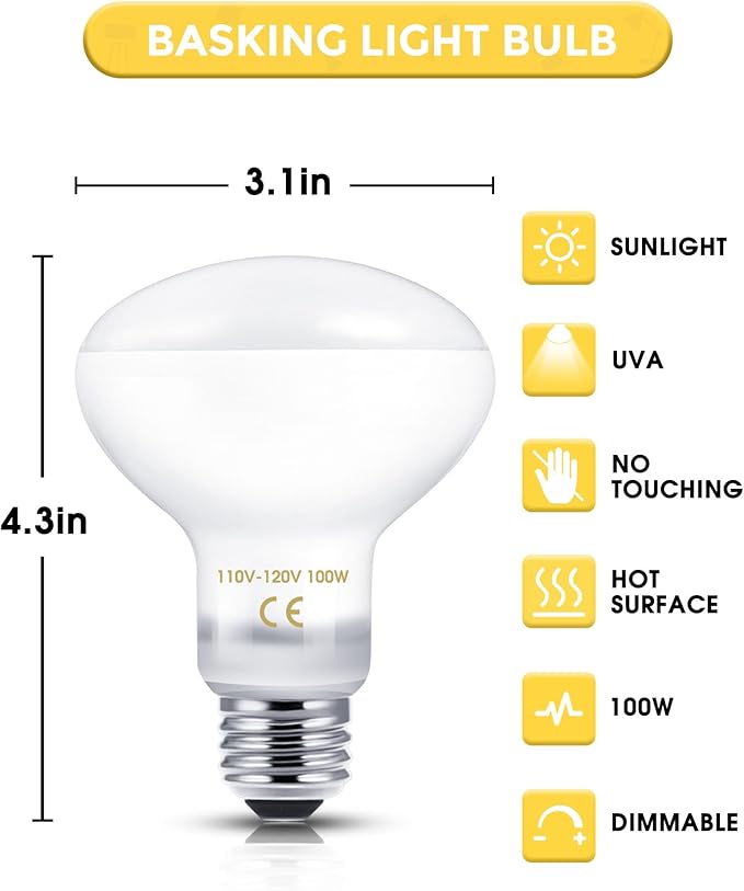 Reptile Heat Lamp, 100W UVA Natural Daylight Heat Lamp Bulbs Basking Spot Lights for Reptiles, 2 Pack Amphibians Terrarium Basking Reptile Light Bulb for Bearded Dragon, Lizard, Turtle, Chicken, Snake