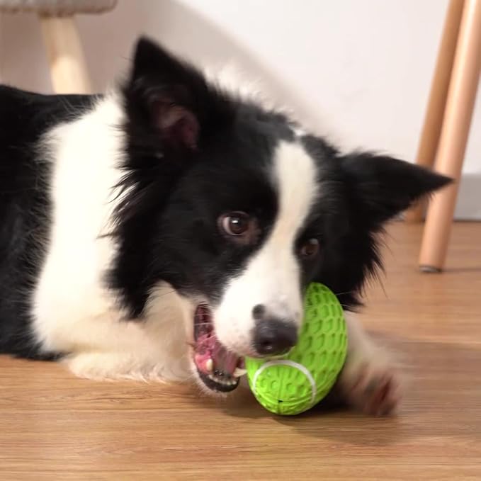 AUSCAT 2PCS Squeaky Dog Football Toy for Aggressive Chewers, Tough Rubber Dog Ball for Medium Large Dogs, Green and Orange, Large, 5.5"