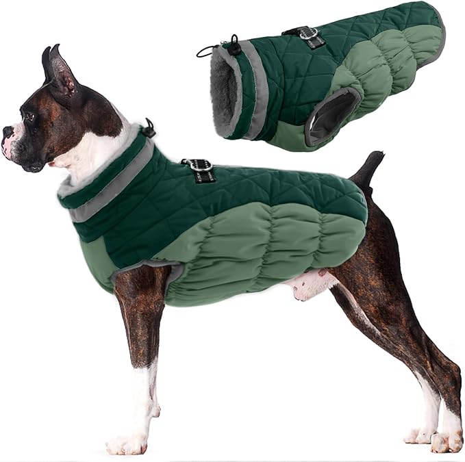 Lelepet Dog Coat Warm Dog Winter Coat Waterproof Dogs Jacket with Harness Built in Reflective Pet Fleece Vest Zip-Up Cold Weather Coats for Large Dogs Turtleneck Windproof Boston Terrier Teal Green L