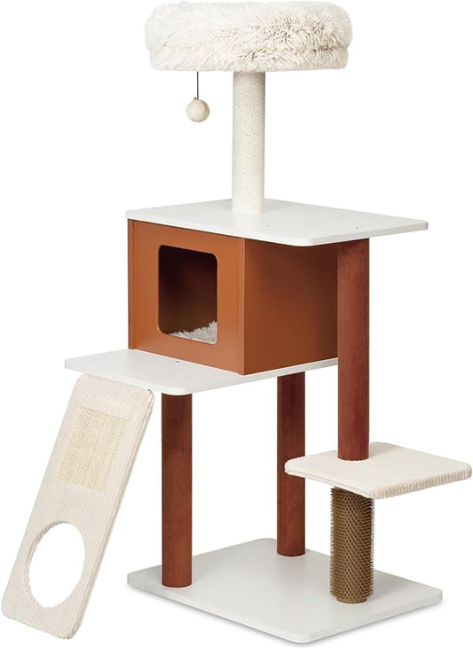 50in Modern Cat Tree with Sturdy Wood Frame - Multi-Level Indoor Activity Center with Sisal Scratching Posts, Plush Top Perch, Enclosed Condo & Hanging Toy