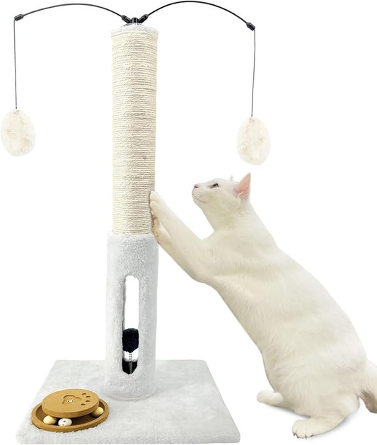 31" Cat Scratching Post Kitten Toys for Indoor Cats Interactive Scratcher with Tracking Ball, Sisal Scratch Rope for Large Cats,Sturdy Base Cat Scratch Post, (Beige, 31" H)
