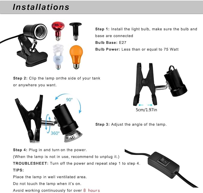 DOMICA Reptile Heat Lamp with 50W 35W UVA UVB Light Bulb, Basking Spot Light Simulated Sunlight, Heating Lamp for Turtle, Lizard, Snake, Beared Dragon, Amphibians