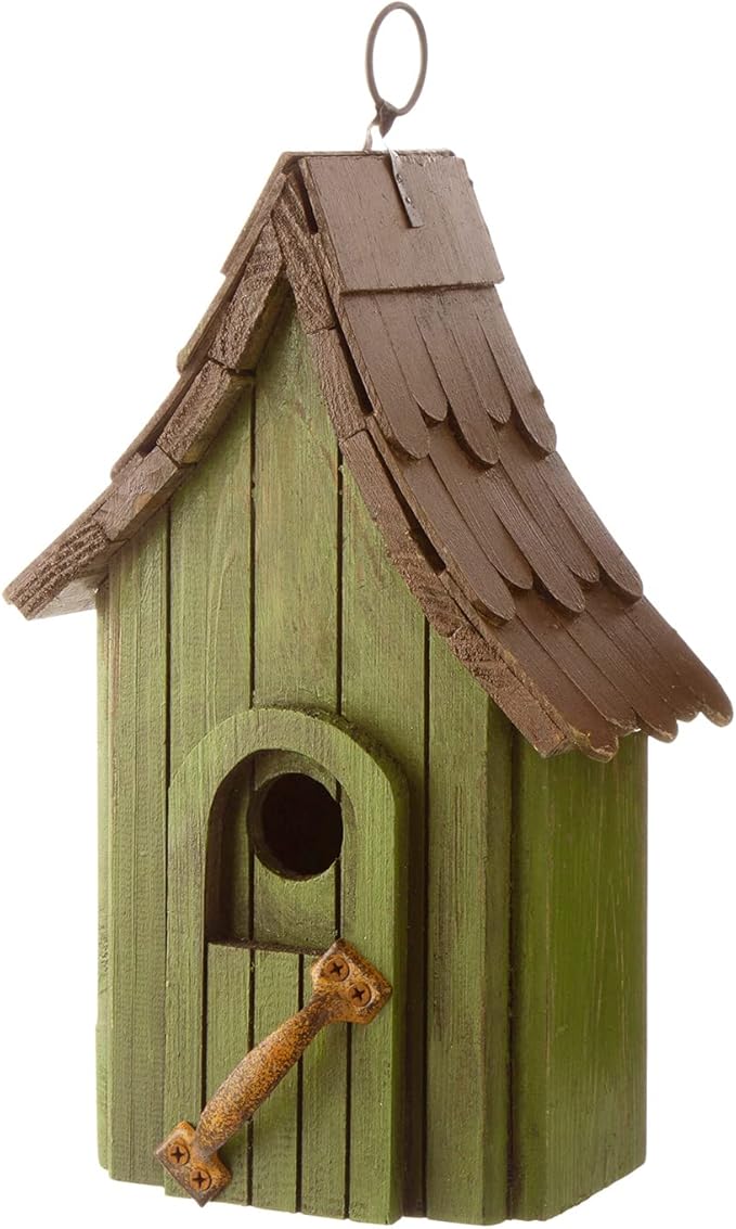 Glitzhome Birdhouses for Outdoors, Hand Painted Garden Hanging Wooden Bird House with Single Roof for Outside, Country Cottages for Bluebird Swallow Sparrow Hummingbird Finch Cardinals Cedar, Green