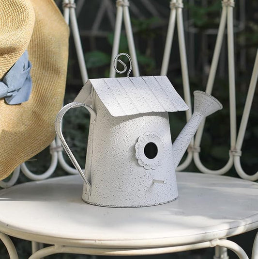 Vintage Hanging Bird Houses for Outside Metal Birds Nest Box for Bluebird Wren Chickadee Sparrow Garden Patio Outdoors Birdhouses Unique Distressed Decoration Watering Can Shape White