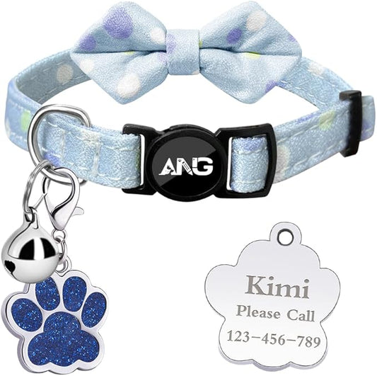 Personalized Breakaway Cat Collars - ID Tag, Bell, Bowtie - Safety Quick-Release, Customized for Girls & Boys Cats (Polka dot-Blue)