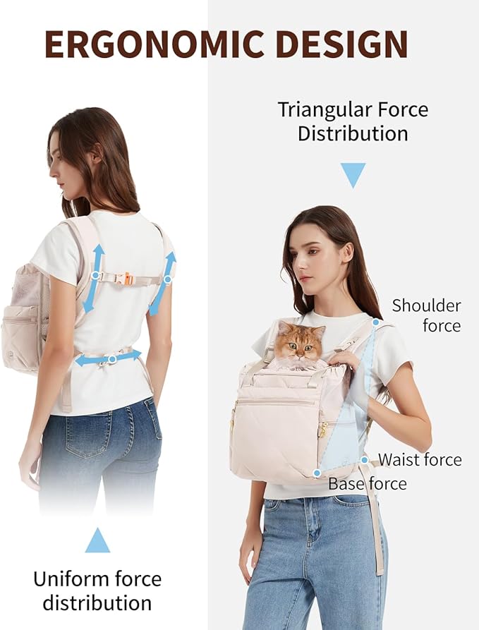 OFY Cat Carrier Puffy Backpack Breathable Small Dog Front Backpack Large Space for Small Dogs, Drawstring & Water-Resisant Pet Bag for Travel Hiking, Beige Gray Patent Pending