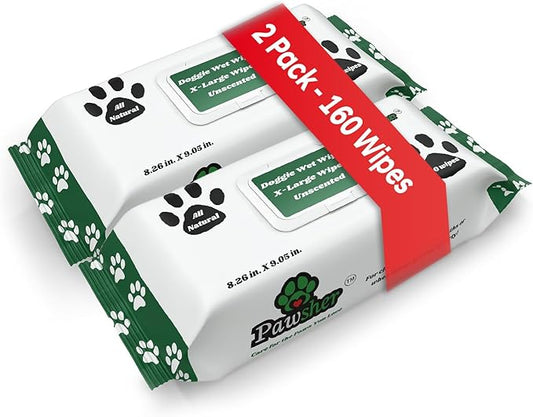 160 Dog Wipes for Paws and Butt | Unscented Dog Wipes Cleaning & Deodorizing | Extra Large, Thick and Chemical Free | Pearl Textured Pet Wipes for Dogs