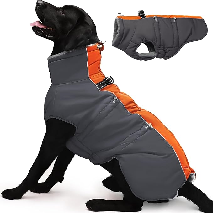 Dog Winter Jacket - XX Large, Warm Zip Up Snowsuit Dog Harness Vest, Reflective, Water-Resistant, Orange-Gray