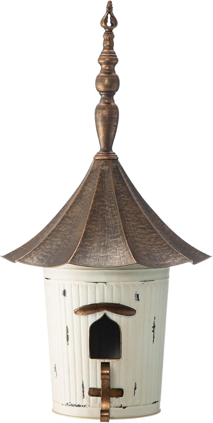 Glitzhome 29.75”H Metal Hanging Birdhouse for Outdoors Oversized Farmhouse Pagoda Painted Bird House with Bronze Roof for Bluebird Wren Chickadee Sparrow Bird Nest Box for Garden Patio, Washed White