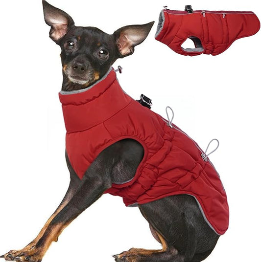 Small Dog Coat Dog Winter Jacket Warm Zip Up Snowsuit Dog Harness Vest Reflective Water-Resistant Dog Coat Dog Snow Jacket for Small Dogs Yorkie, Toy Poodle, Red