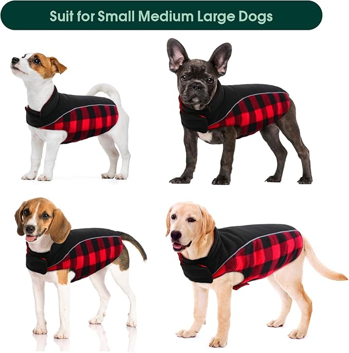 Kuoser Dog Winter Coat, Reversible Waterproof Dog Jacket with Leash Hole, Warm Dogs Fleece Vest Adjustable Doggy Cold Weather Clothes Plaid Christmas Outfit Pet Apparel for Extra Large Dogs, Red 3XL