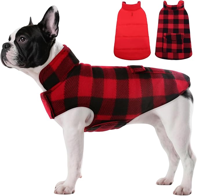 ASENKU Dog Winter Coat, Fleece Doggie Jacket Plaid Reversible Vest Waterproof Windproof Cold Weather Clothes for Small Medium Large Dogs(Red S)