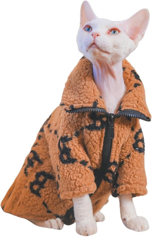 Turtleneck Sphynx Cat Winter Clothes, Double-Sided Fleece Jacket with Zipper, Sweater for Sphynx Cat Winter Warm Outfit Coat for Hairless Cats and Small Dogs Apparel with Sleeves (Brown, Medium)