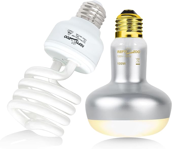 REPTI ZOO Reptile Heat Lamp Combo Pack with Dual Reptile Light Fixture, 100W Intense Basking Spot Light UVA Daylight Heating Lamp & 26W Energy Saving UVA UVB Bulb Spiral Compact Bulb 10.0