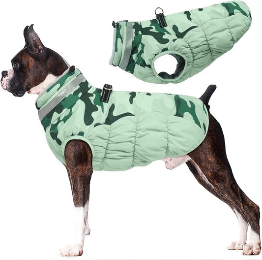 Lelepet Dog Coat Warm Dog Winter Coat Waterproof Dogs Jacket with Harness Built in Reflective Pet Fleece Vest Zip-Up Cold Weather Coats for Large Dogs Turtleneck Windproof Coats Boxer Mint Green Camo