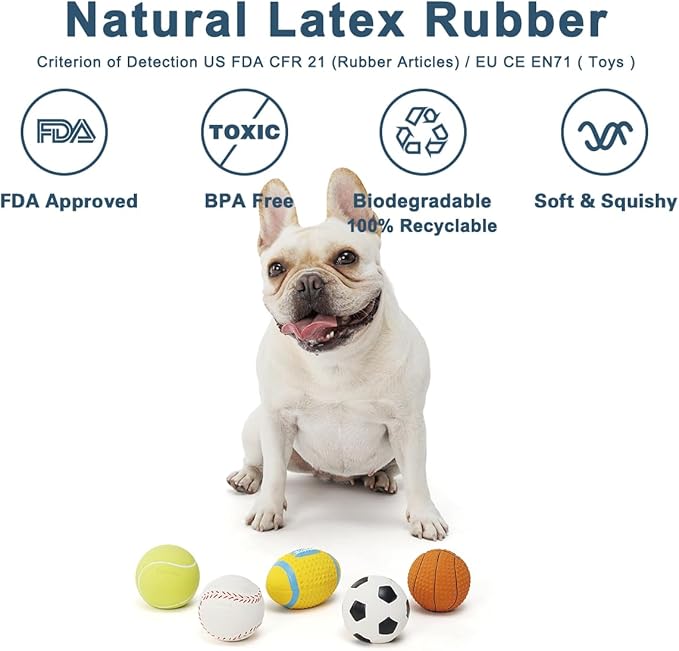 Squeaky Dog Ball, Soft Latex Rubber Squeaky Dog Toys for Small Dogs Puppies, Cute Squeak Toys Play Ball - Tennis, Soccer, Football, Basketball and Baseball 5 Pack