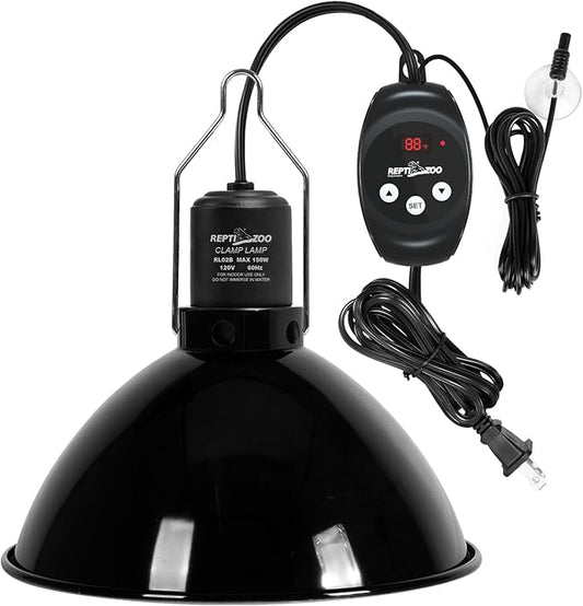 REPTI ZOO Reptile Light Fixture with Dimming Thermostat, 8.5 Inch Deep Dome Lamp Fixture with Reptile Heat Lamp Bulb Temperature Controller Reptile Dimming Thermostat Max 150W