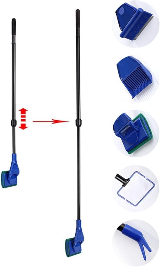5 in 1 Aquarium/Fish Tank Cleaning Kit/Tool, Algae Scraper, Fish Net, Sponge, Plant Fork, Gravel Rake, Length Adjustable from 21 inches to 31 inches (Extendable)