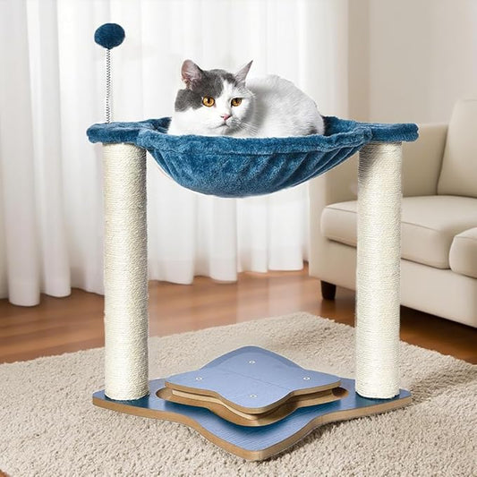 Simple Deluxe Small Cat Tree Tower with Scratching Post, 4-in -1Cat Tree with Hammock,Dangling Ball,Natural Sisal Cat Scratcher,Wooden Interactive Track Ball Base for Indoor Kittens,18inches