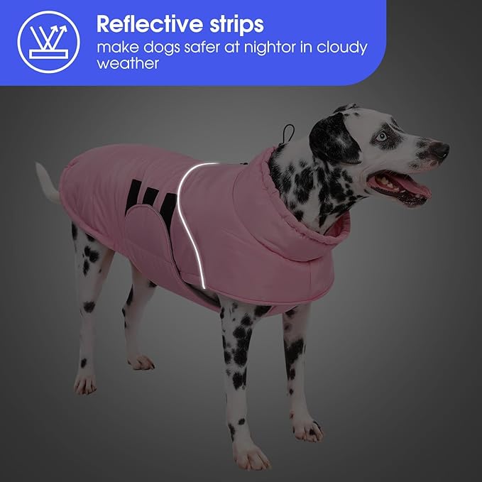 ASENKU Extra Warm Dog Coat - Winter Jacket with Fleece, Reflective, Adjustable, Zippered Leash Hole for Large Dogs, Turtleneck (Pink, 3XL)