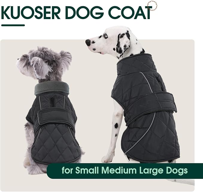 Kuoser Super-Warm Dog Jacket Windproof Cold Weather Coats for Extra Large Dogs, Fleece Lining Turtleneck Dog Snowsuit Reflective Adjustable Pet Winter Coat, Dark Grey 3XL