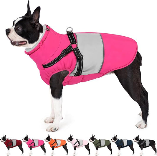 AOFITEE Dog Coat, Waterproof Dog Jacket Winter, Dogs Coat with Harness Built in, Warm Dogs Puffer Jacket with Zipper, Reflective Pet Snowsuit Sweater for Dachshund, French Bulldog, Boston Terrier, M