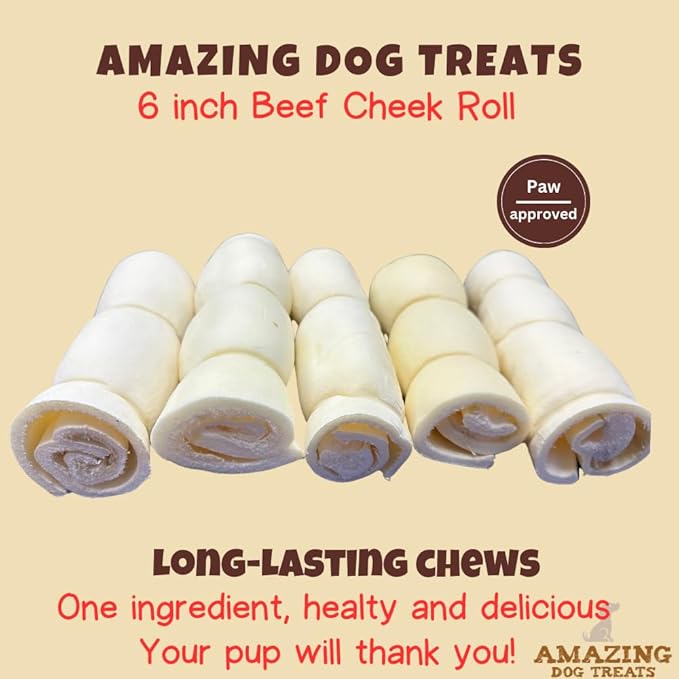 Amazing Dog Treats - Beef Cheek Rolls (6" Regular - 40 Pcs Bulk) - Safe Rawhide Alternative Dog Chew - Great for Power Chewers - Long Lasting Dog Chew - Retriever Rolls for Dogs…