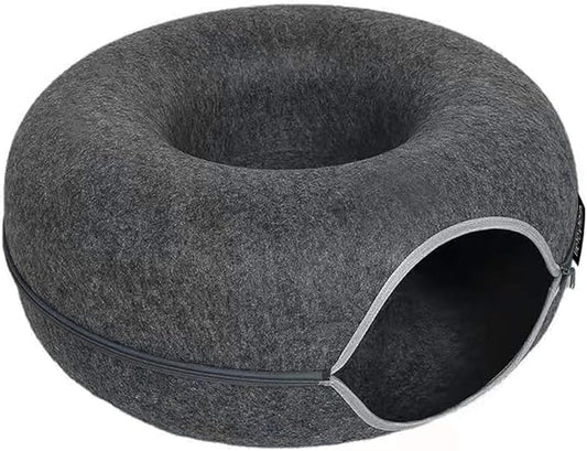 Tunnel nest, Donut nest, Fun Ventilation peep Hole, Detachable Zipper cat Bed, Felt Washable, All Season Universal cat Bed Suitable for Cats (Dark Gray, Small)
