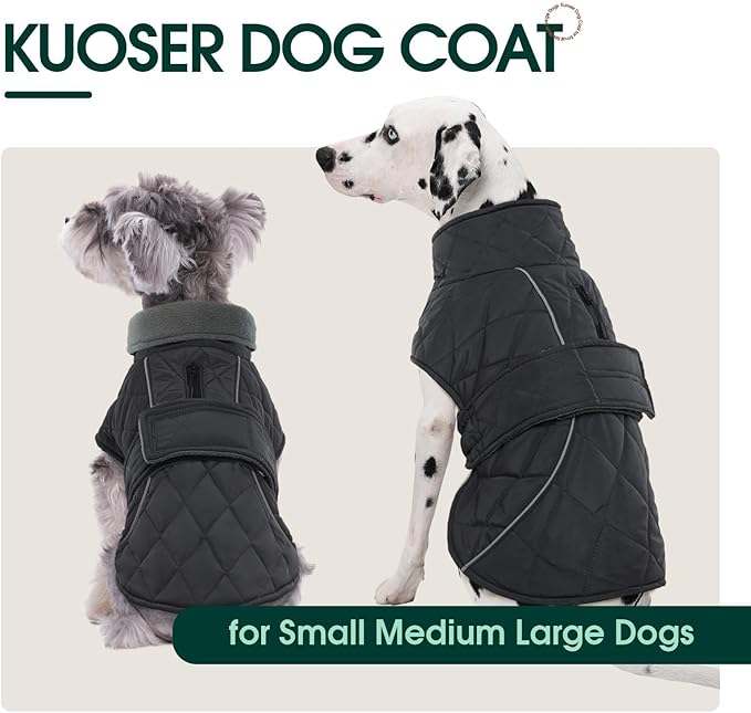 Kuoser Extra Warm Dog Jacket, Windproof Cold Weather Coats for Small Dogs, Fleece Lined Turtleneck Dog Snowsuit, Reflective Adjustable Pet Winter Coat, Dark Grey S