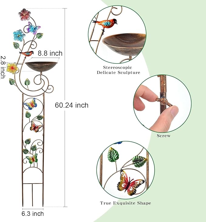 57” Bird Bath with Garden Trellis for Climbing Plants Outdoor, Small Decorative Metal Birdbath Bird Baths, Butterfly (Butterfly)