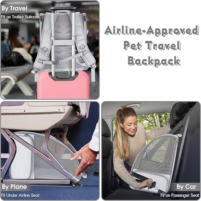 Cat Backpack Carrier, Large Pet Backpack with Kitten Wand Feather Toy for Medium Small Dog Cat Puppy Kitty Bunny up to 15lbs, Ventilated Mesh Dog Travel Carrier for Hiking Walking Outdoor Use (Grey)