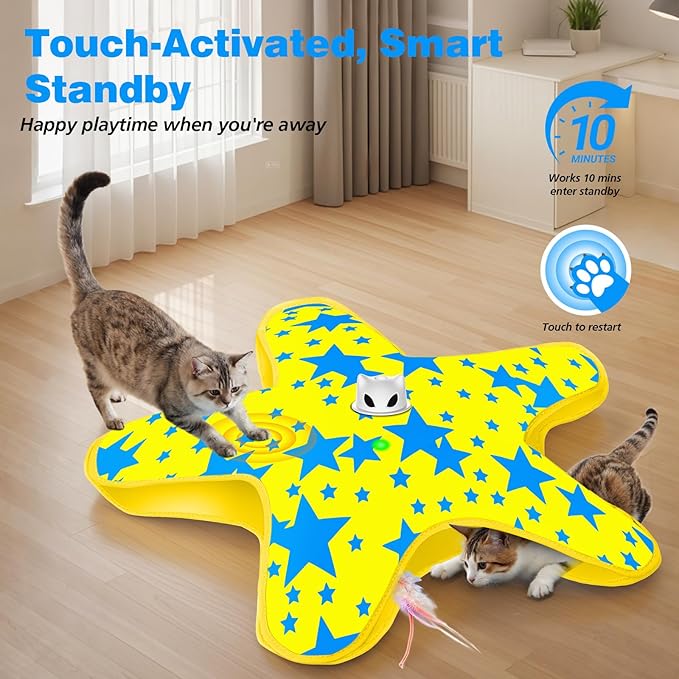 Interactive Cat Toys for Indoor Cats, Rechargeable Hide and Seek Cat Toy with Moving Concealed Feathers, Touch Activated Kitten Toys Cat Exercise Toys, Yellow Blue Cover