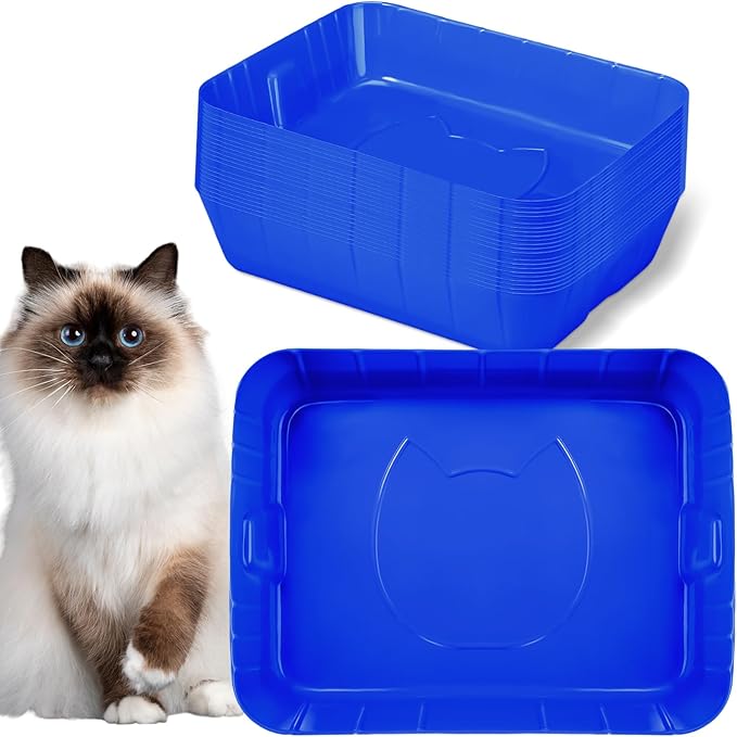 Bokon 25 Pcs Disposable Litter Boxes for Cats Plastic Cat Litter Tray Large Kitten Pan for Kitty Rabbit Guinea Pig Hamster Pets Supplies Travel Home Toilet, 15.7 x 11.8 x 3 Inches(Royal Blue)